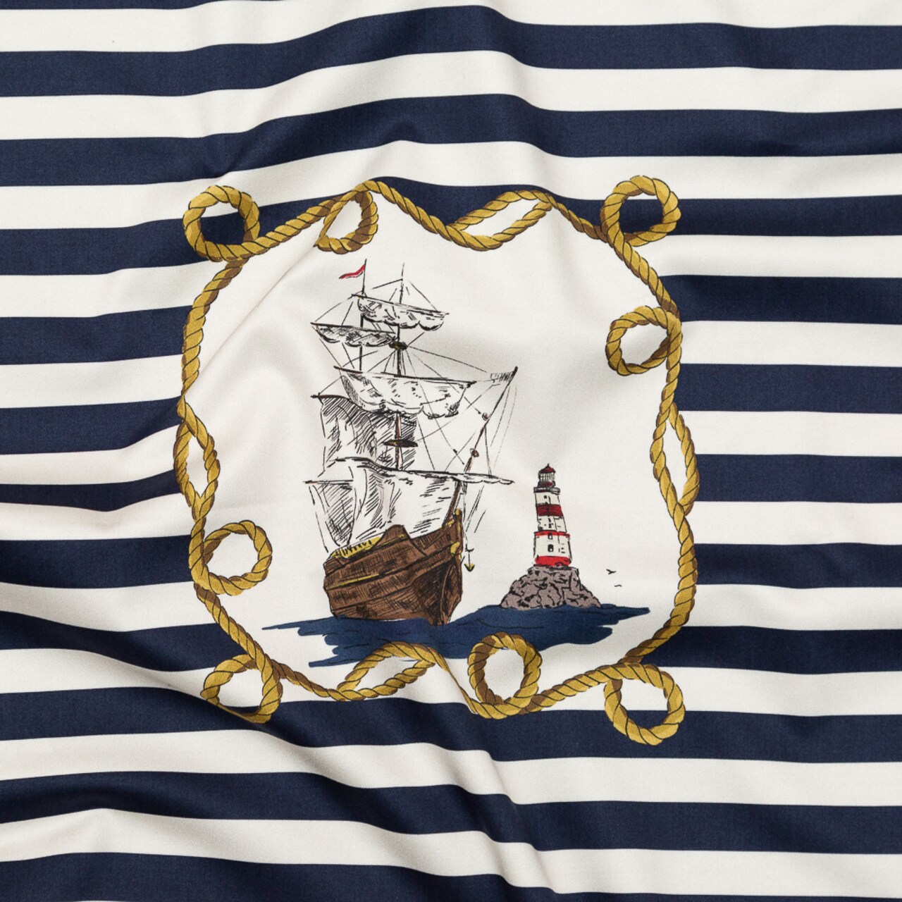 1 Yard Stretch Cotton Sateen Navy and Gold Stripes and Ropes Lighthouse Adventures Print St Tropez Collection